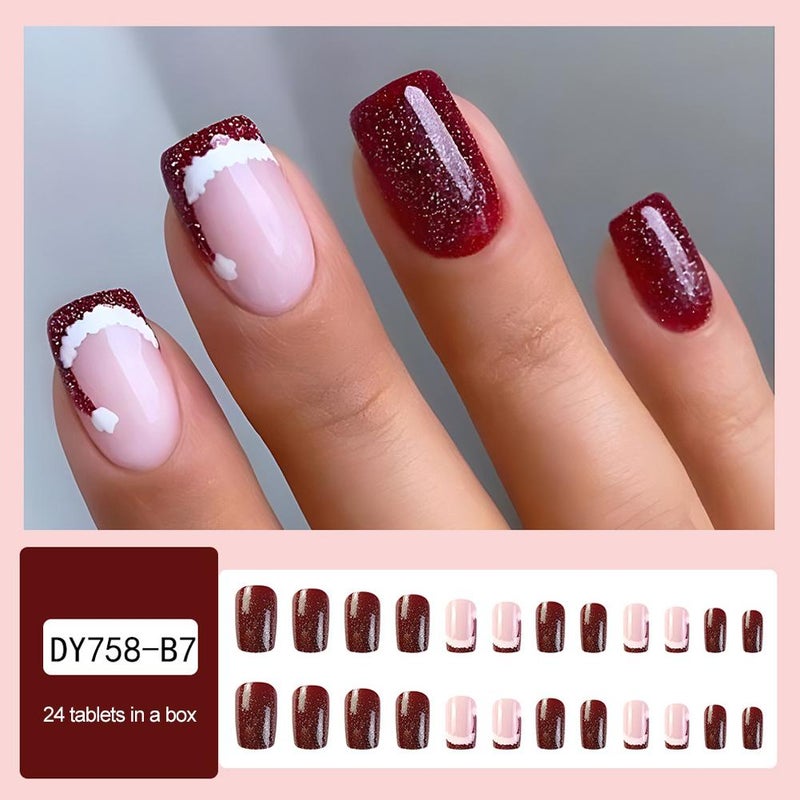 Christmas wearable nail art tips, snowflake false nail stickers, wearable nail tips, 24 pieces